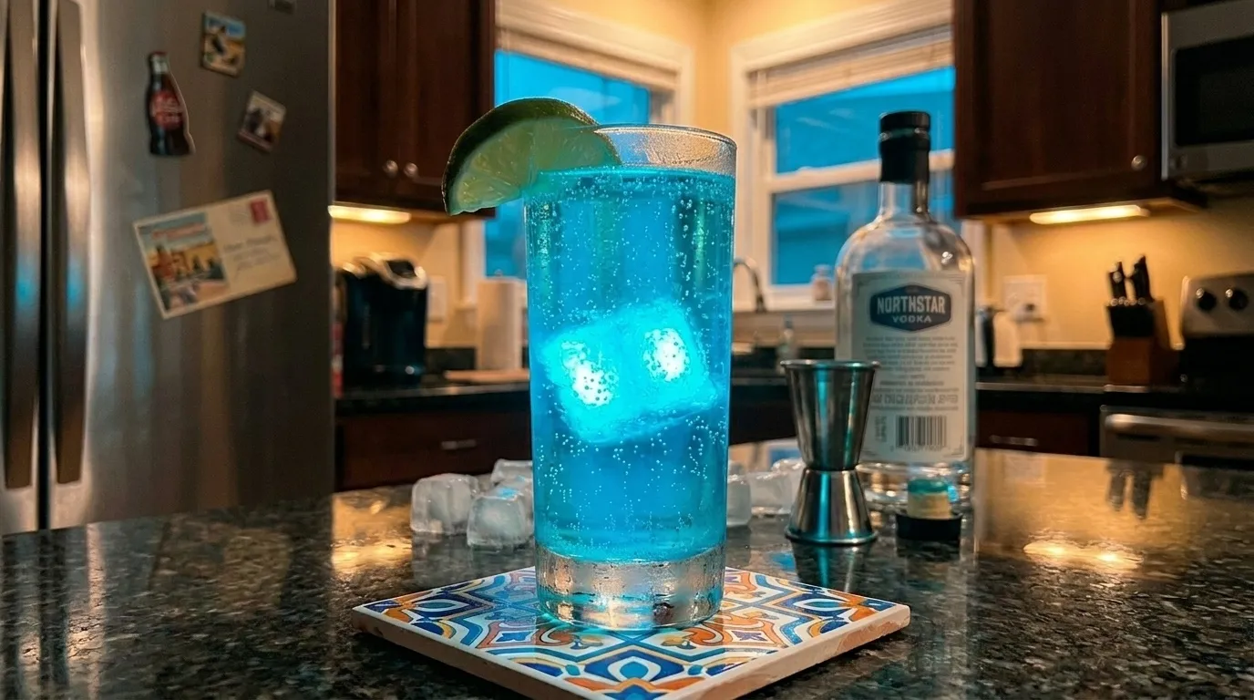 From behind the drink looking out toward the kitchen, blue catching the cyan-amber light