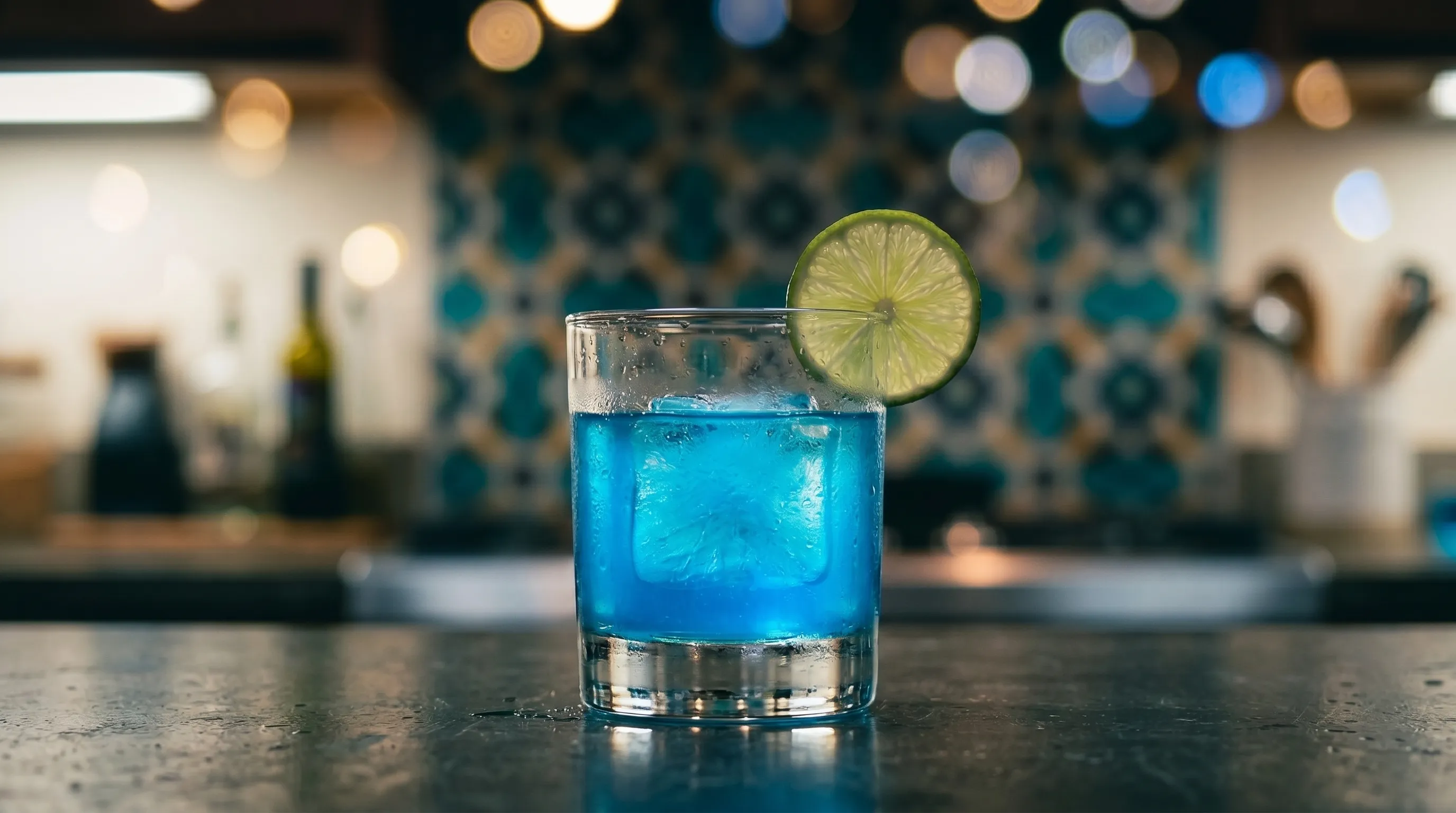 My drink sharp in front, an intentional teal-tinted bokeh kitchen behind