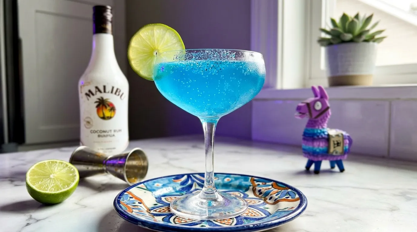 My Shimmering Shield — bright blue Slurp Juice with edible glitter, the loot llama at the edge of the frame