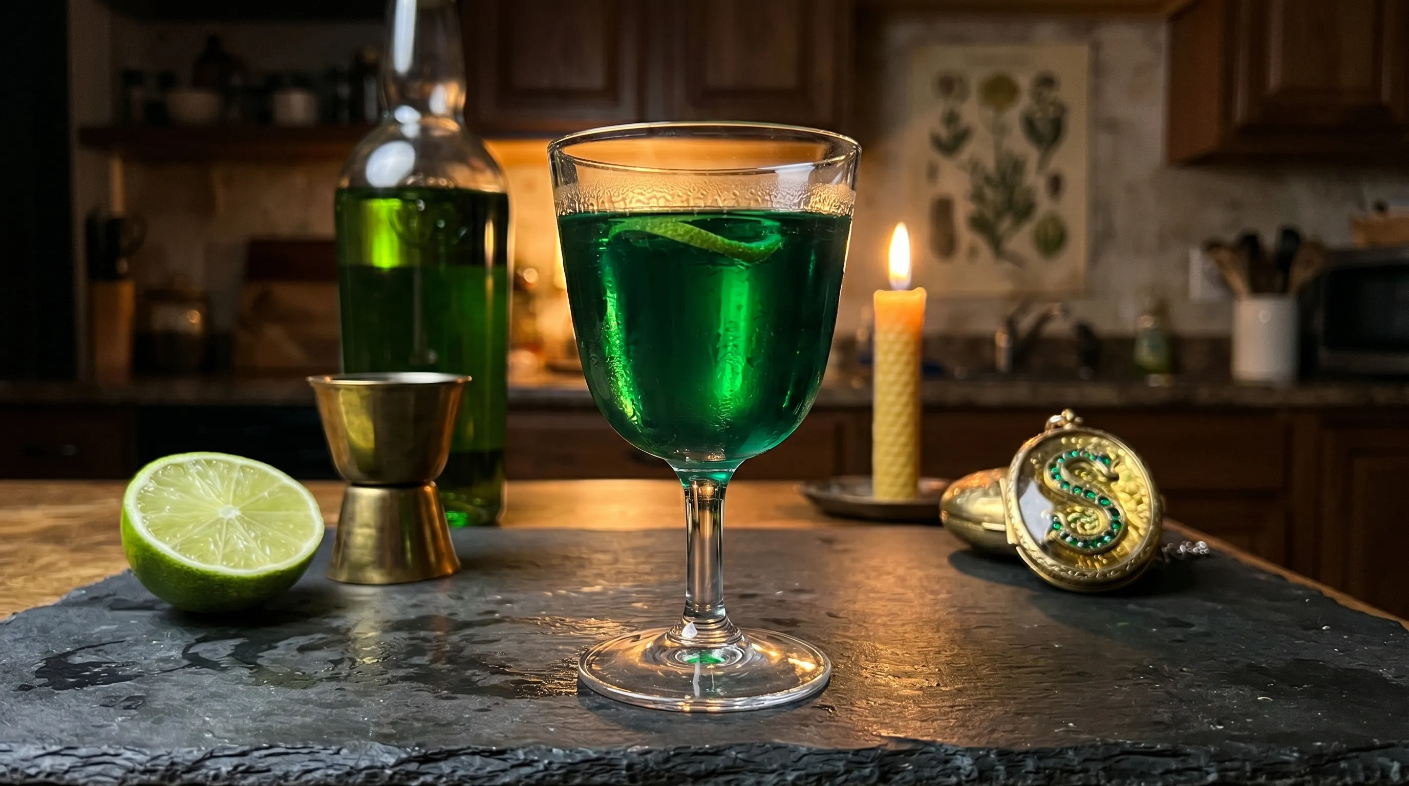 My Cave's Burden — deep emerald goblet glowing on dark slate, Slytherin's locket set back at the edge