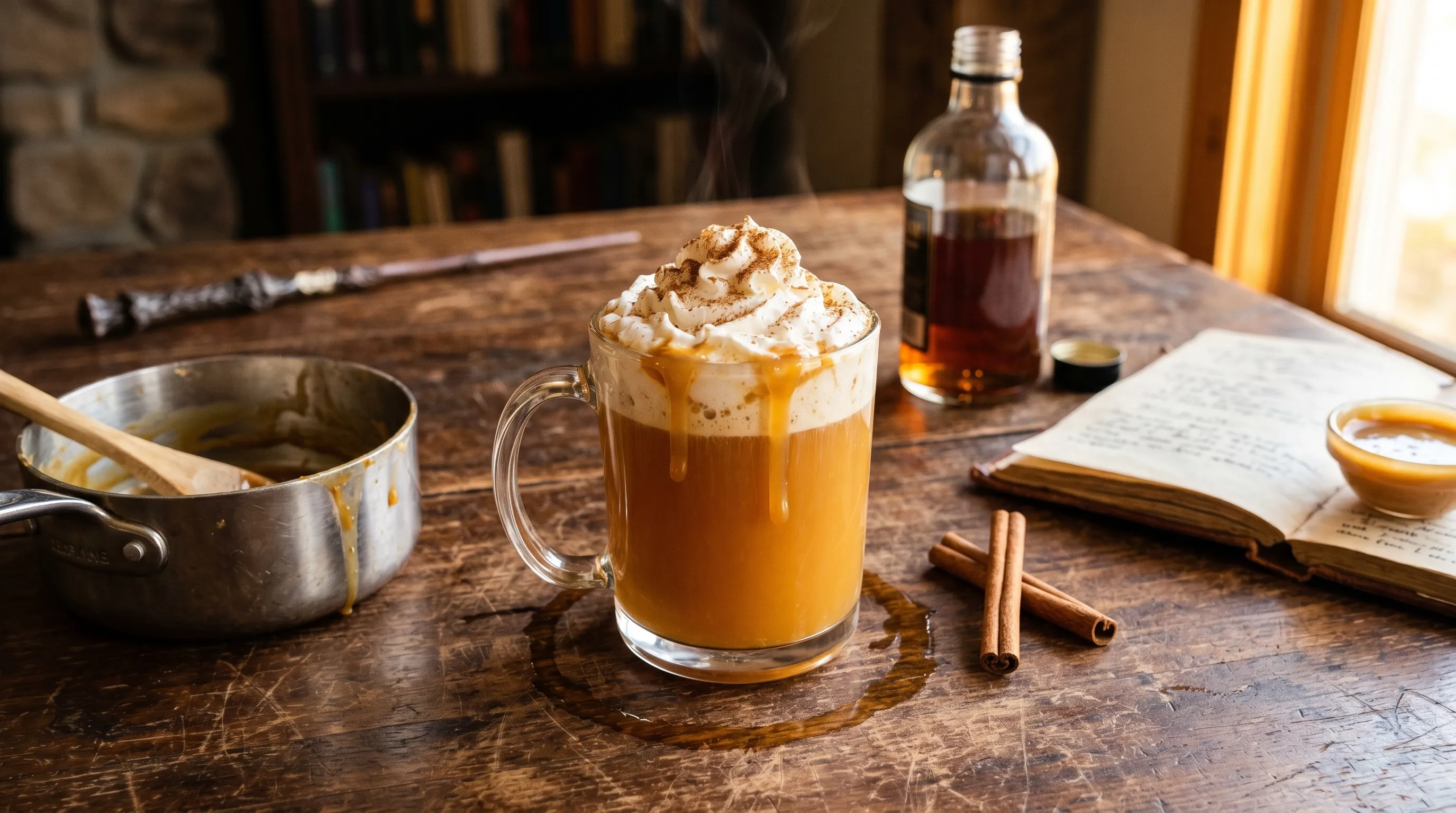 My Hogsmeade Warmth — warm amber butterbeer with whipped cream, cinnamon, and a holly wand set back at the edge