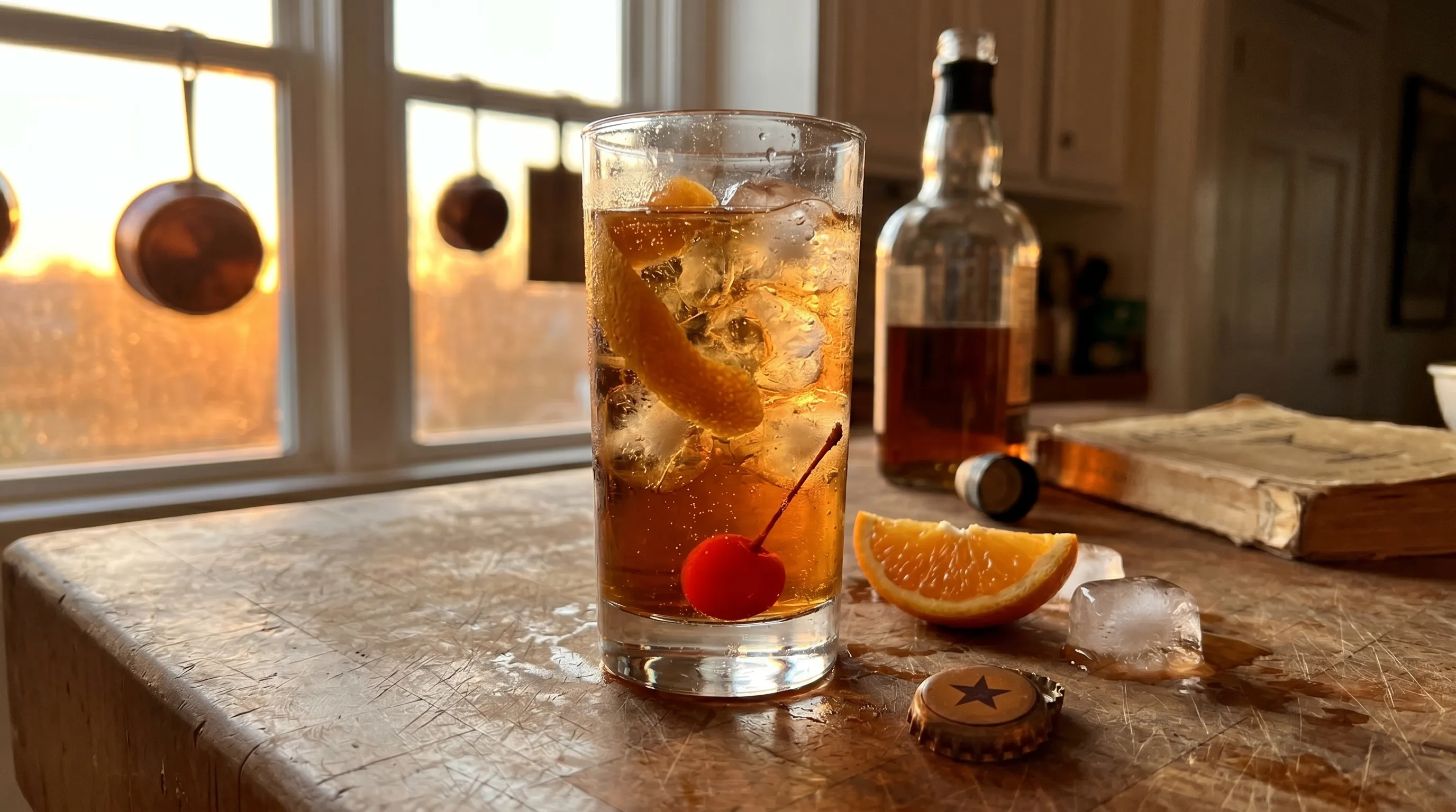 My Mojave Sunset — amber-brown sarsaparilla over ice with an orange peel and cherry, the star bottle cap nearby