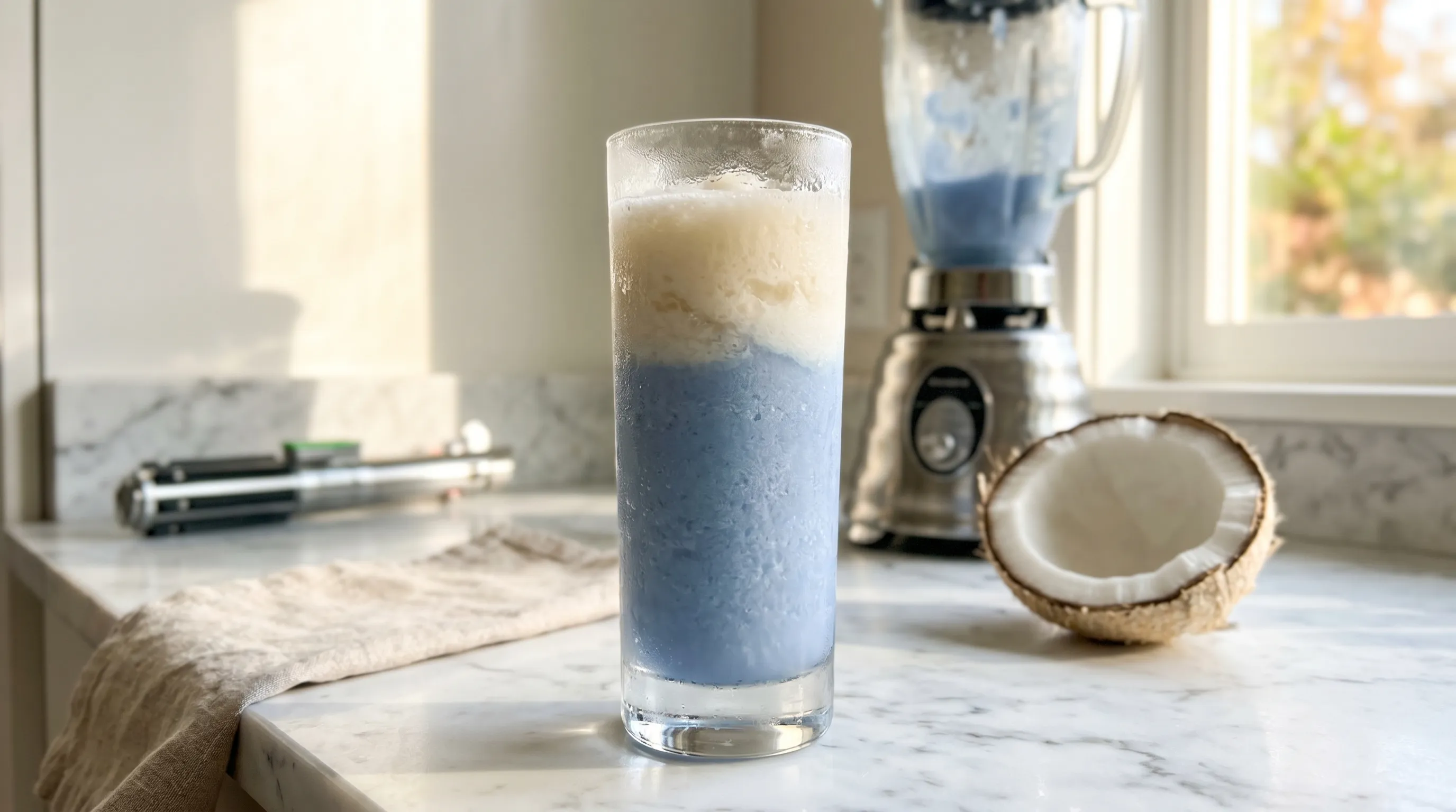 My Binary Sunset — frozen blue-and-cream layered cocktail, Luke's lightsaber hilt at the edge of the frame