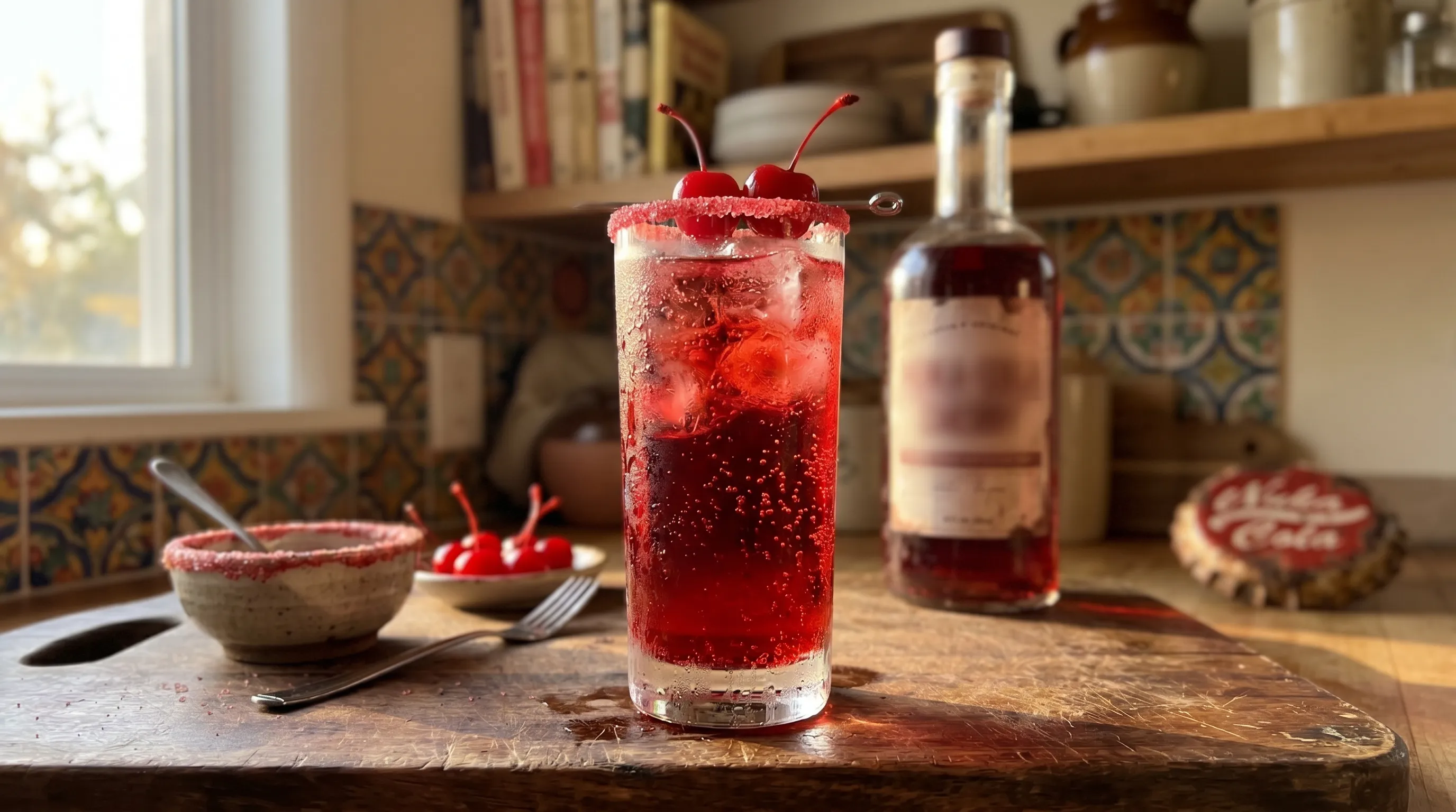 My Vault-Tec's Secret — cherry-red Nuka-Cherry with a red sugar rim, a Nuka-Cola bottle cap at the edge