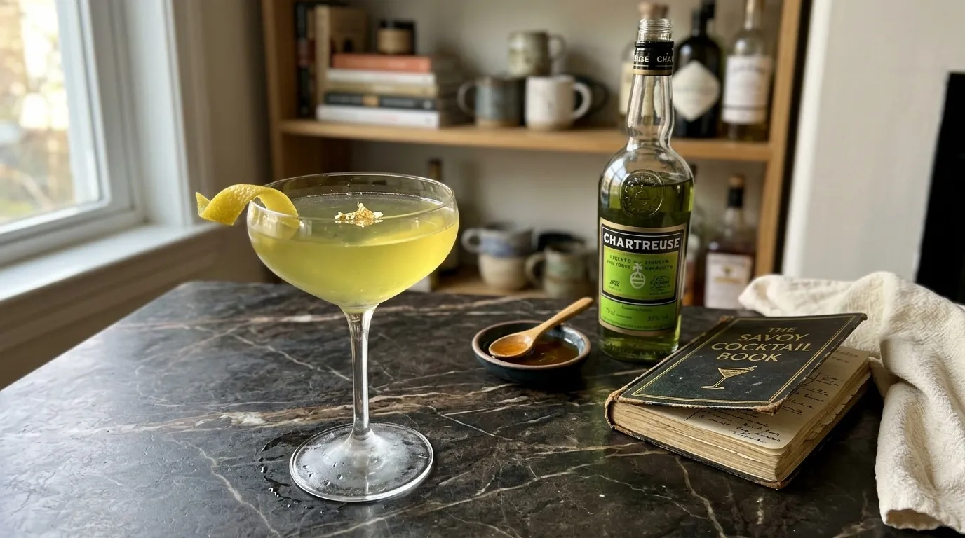 My Brains Smasher — pale golden-green Pan-Galactic Gargle Blaster, cream towel draped at the edge