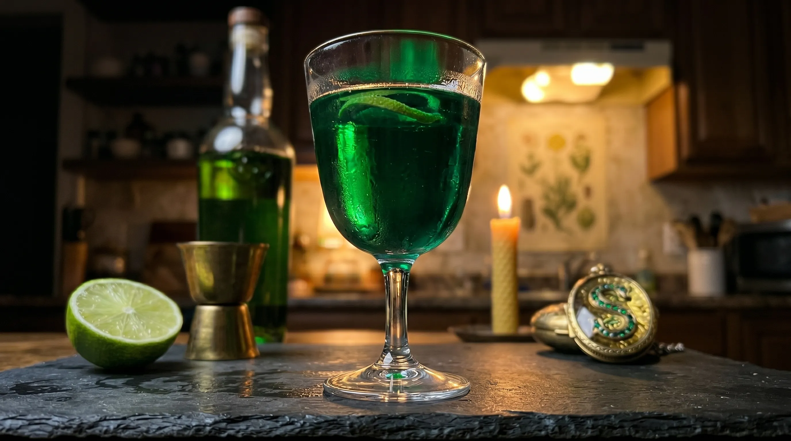 Looking up at the glowing emerald goblet with the locket at the edge of the frame