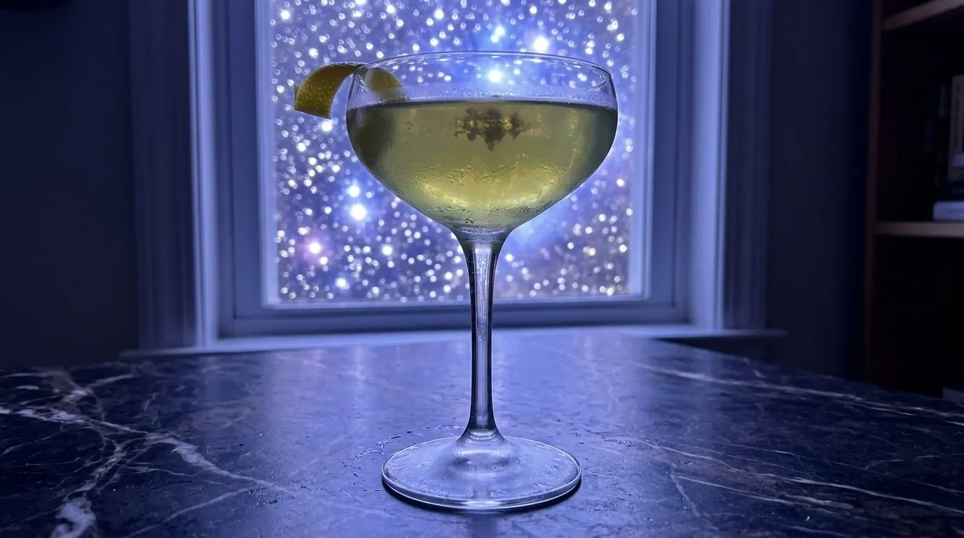 Looking up at the coupe, cool star-field light glowing through the window behind