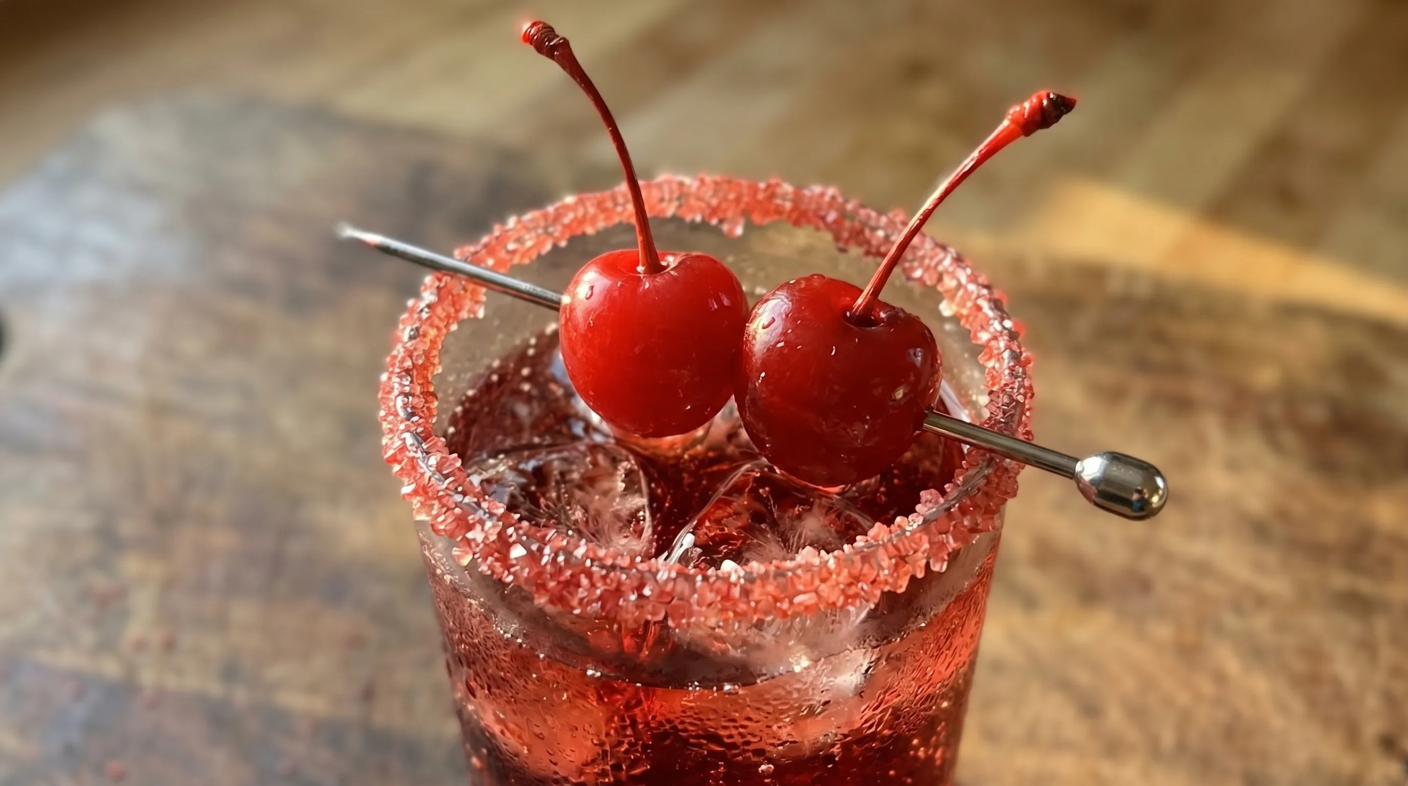 The maraschino cherries and red sugar rim, sticky and close