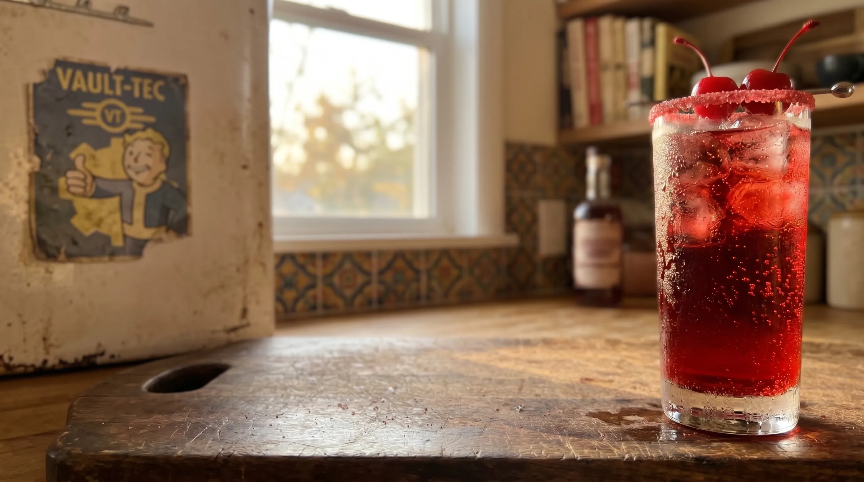 My Nuka-Cherry pushed to the edge, a Vault-Tec poster fragment blurred at the far left