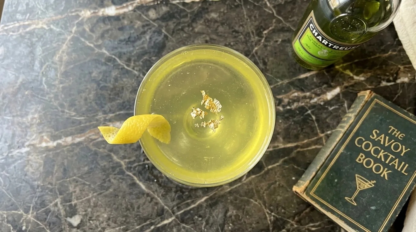 Top-down on the gold leaf floating on the surface, Chartreuse and cookbook framing the edges