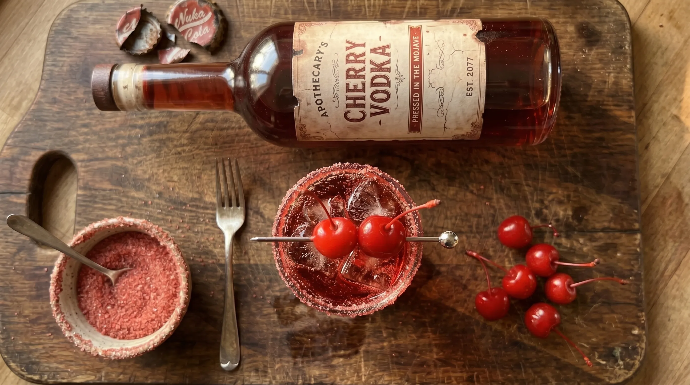 Top-down on my Nuka-Cherry with scattered bottle cap fragments nearby