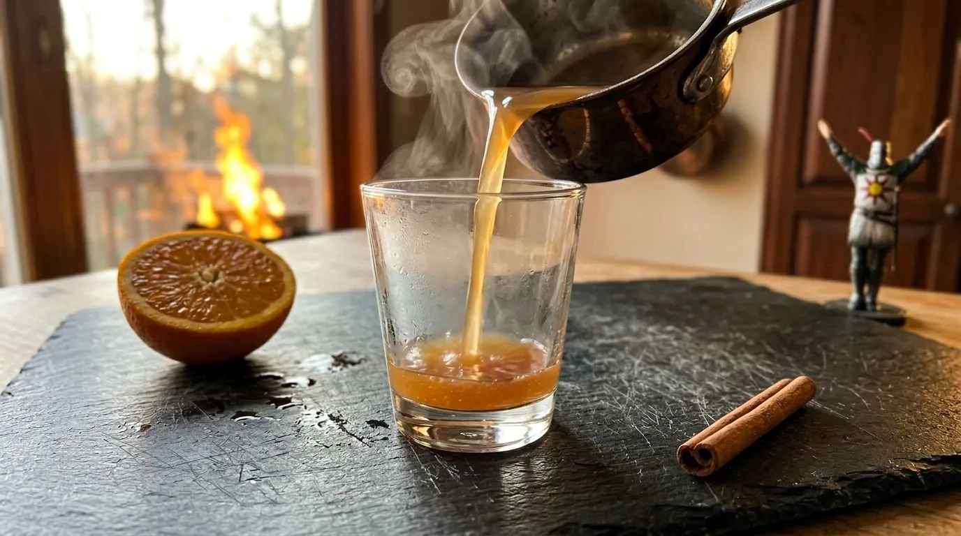 Mid-pour — warm amber liquid streaming from the saucepan into my heat-safe glass