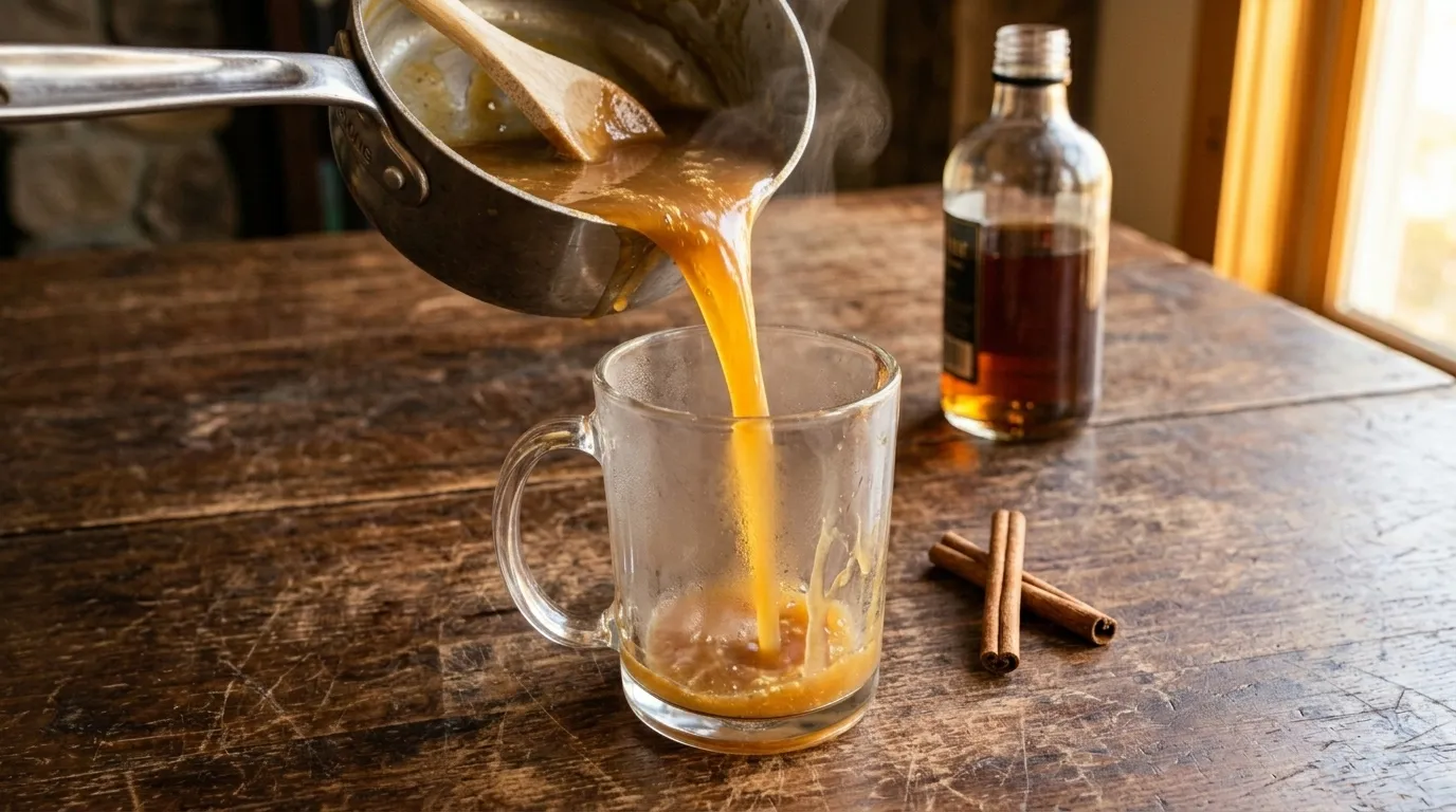 Mid-pour — warm amber butterbeer streaming from the saucepan into my waiting mug