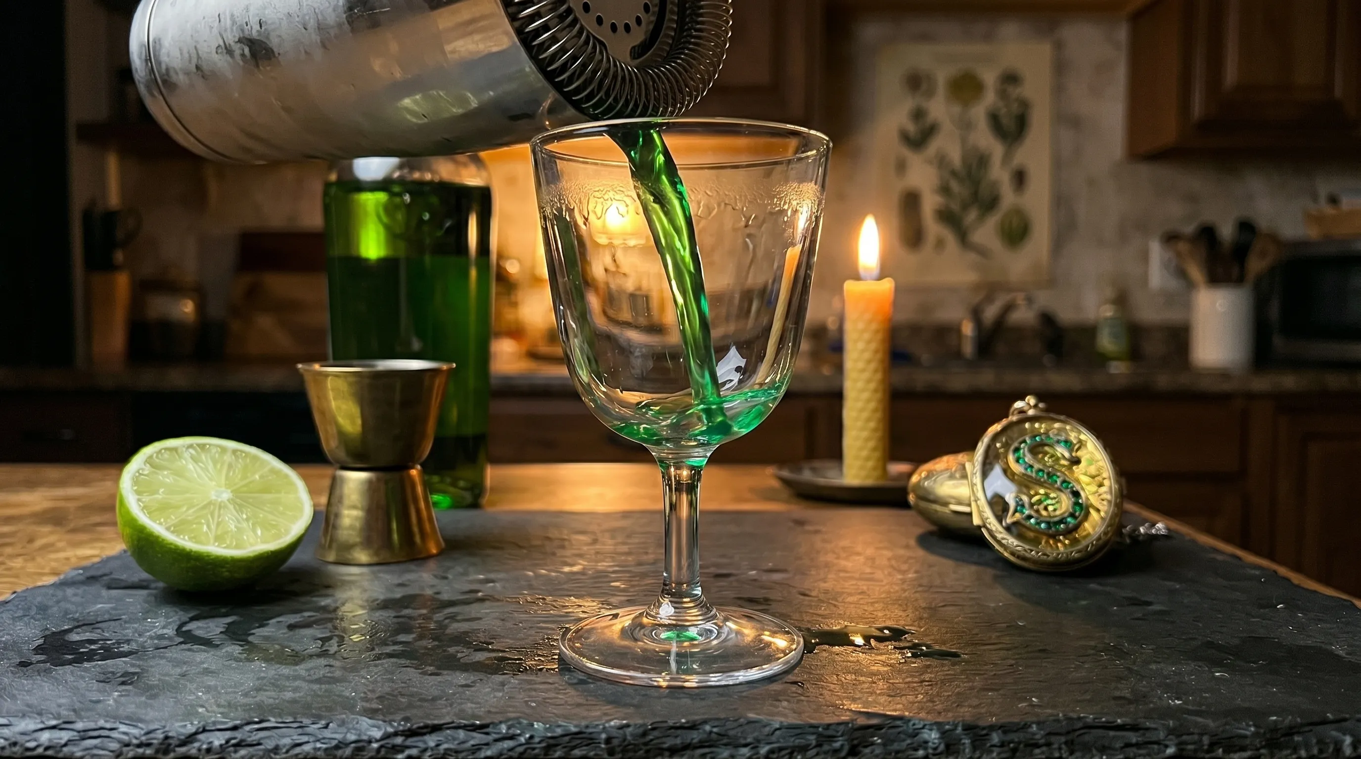 Mid-strain — emerald pouring from the shaker into my waiting goblet