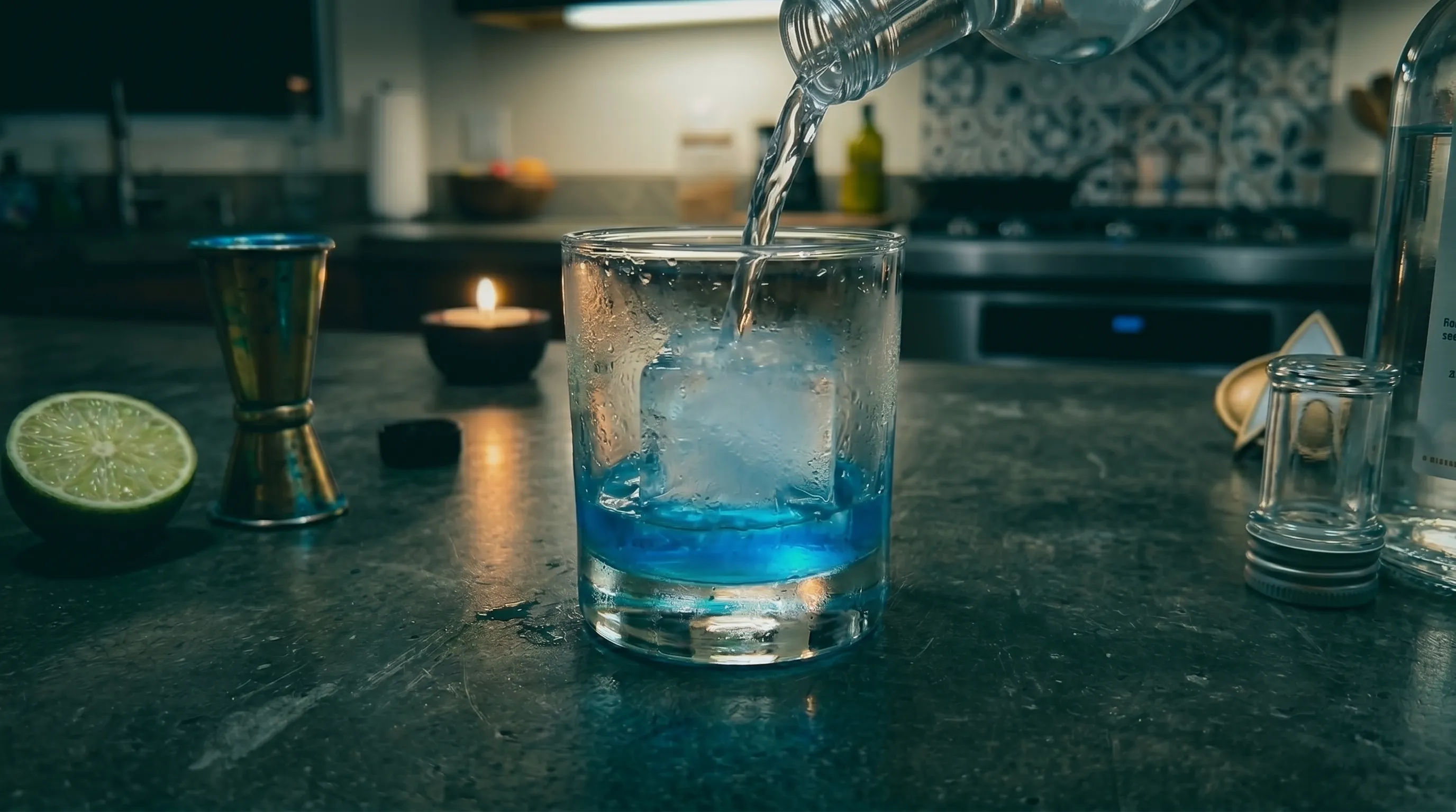 Mid-pour — gin streaming from the bottle into the blue and ice in my waiting glass