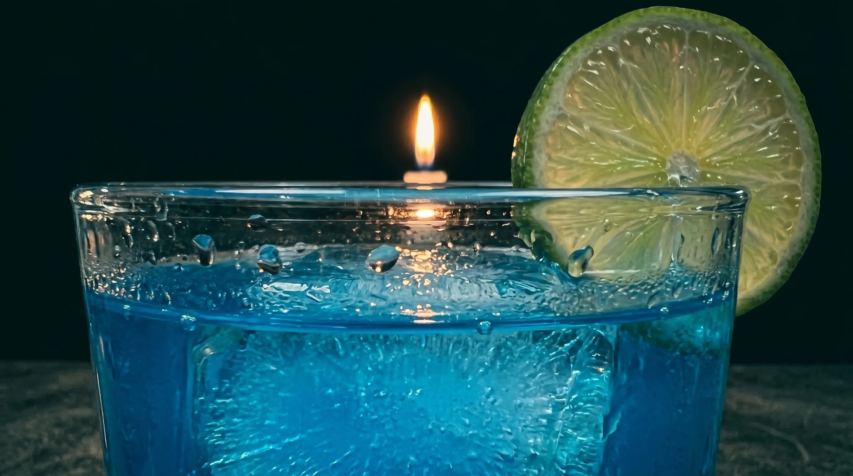 Eye-level with the electric blue meniscus, a candle flame reflected on the surface