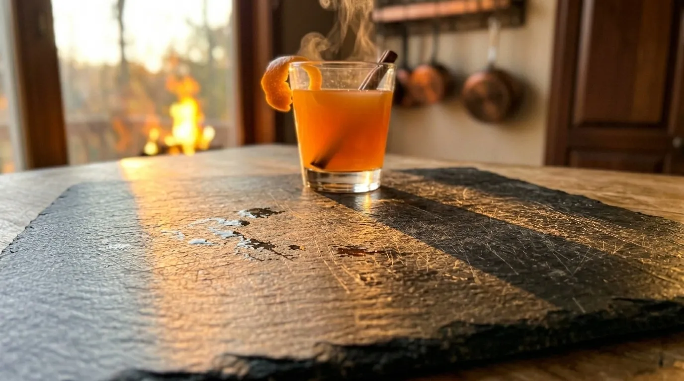 Across the dark slate toward the glass, bonfire-warm light pooling on the surface