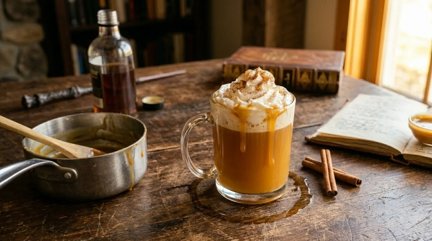 My butterbeer from the left, a blurred spellbook spine on the shelf behind