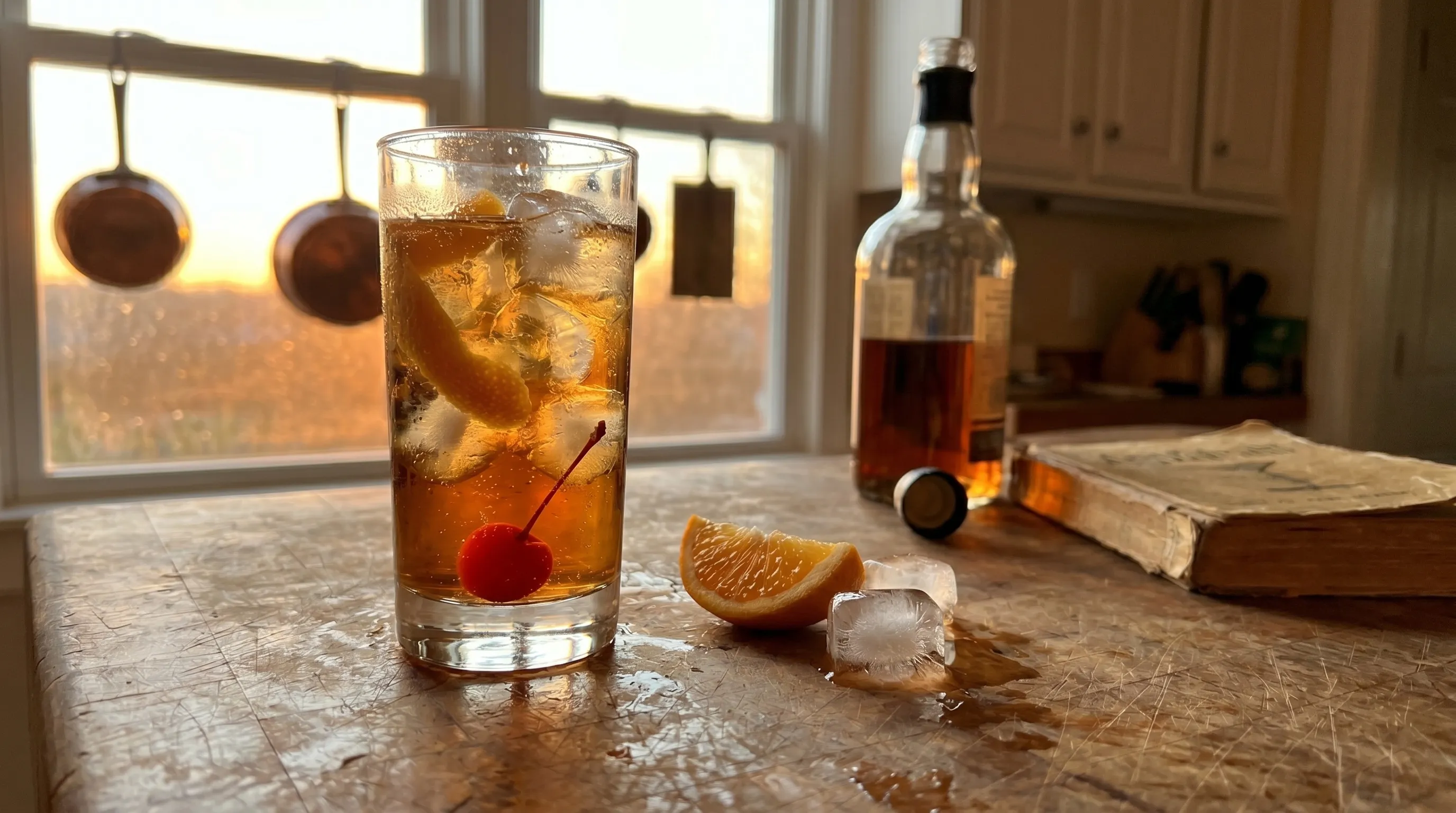 My drink from the left with the cocktail book and that warm sunset glow through the window