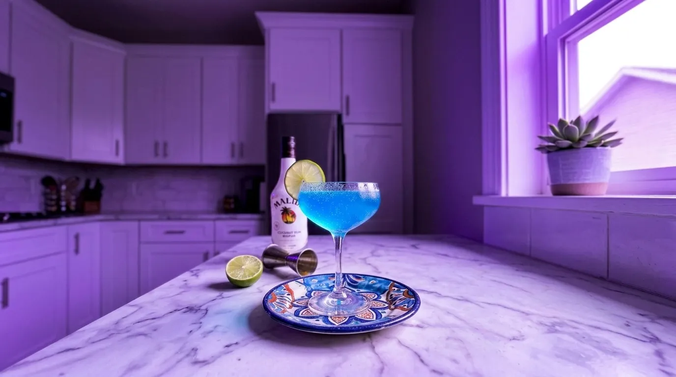 My Slurp Juice small in the frame, neon-purple ambient light filling the kitchen